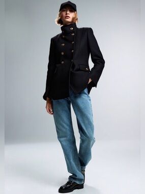 Zara Black ITALIAN Wool Double-Breasted Military-Style Coat w/ Gold Buttons Lrg